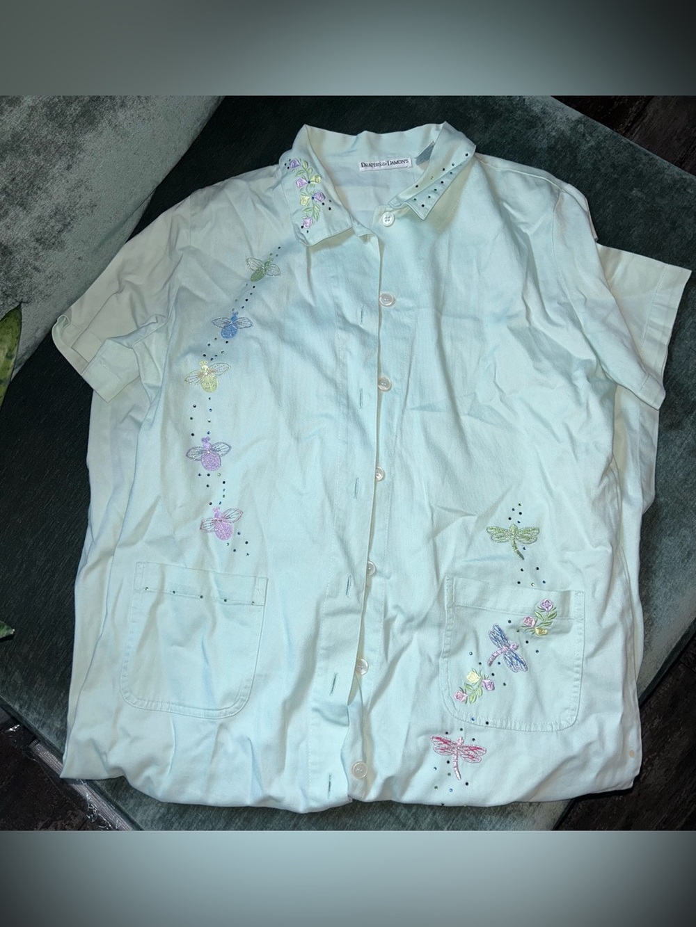 Vintage Women’s Embroidered Dragonfly Button Front Dress